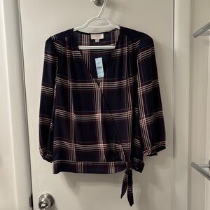 LOFT Navy, Maroon, Pink, and White Plaid Wrap Blouse